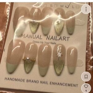 Manual Nailart Handmade Brand Press On Nails Beige Green‎ Gold Set